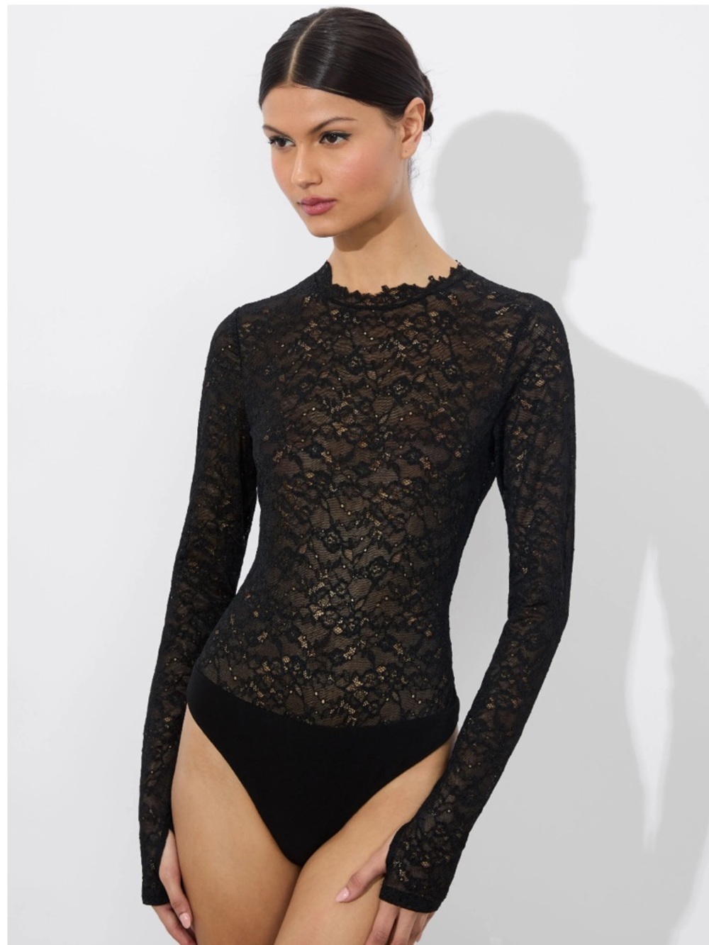NWT Alice and Olivia Taeyn Lace Bodysuit  Black Sheer Unlined High Neck Thong XL
